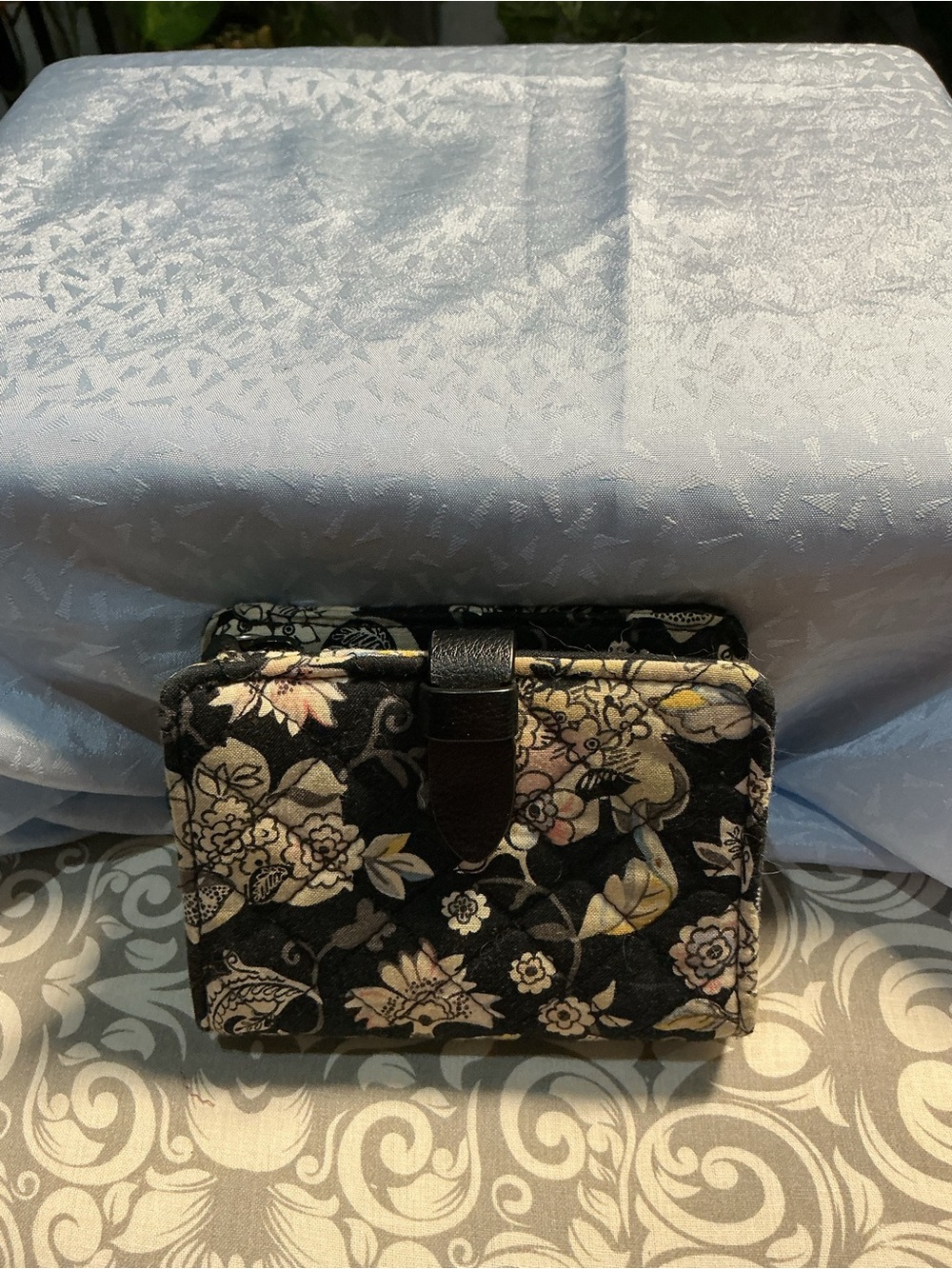 Vera Bradley Black Quilted Floral Wallet with Cream and Pink Accents